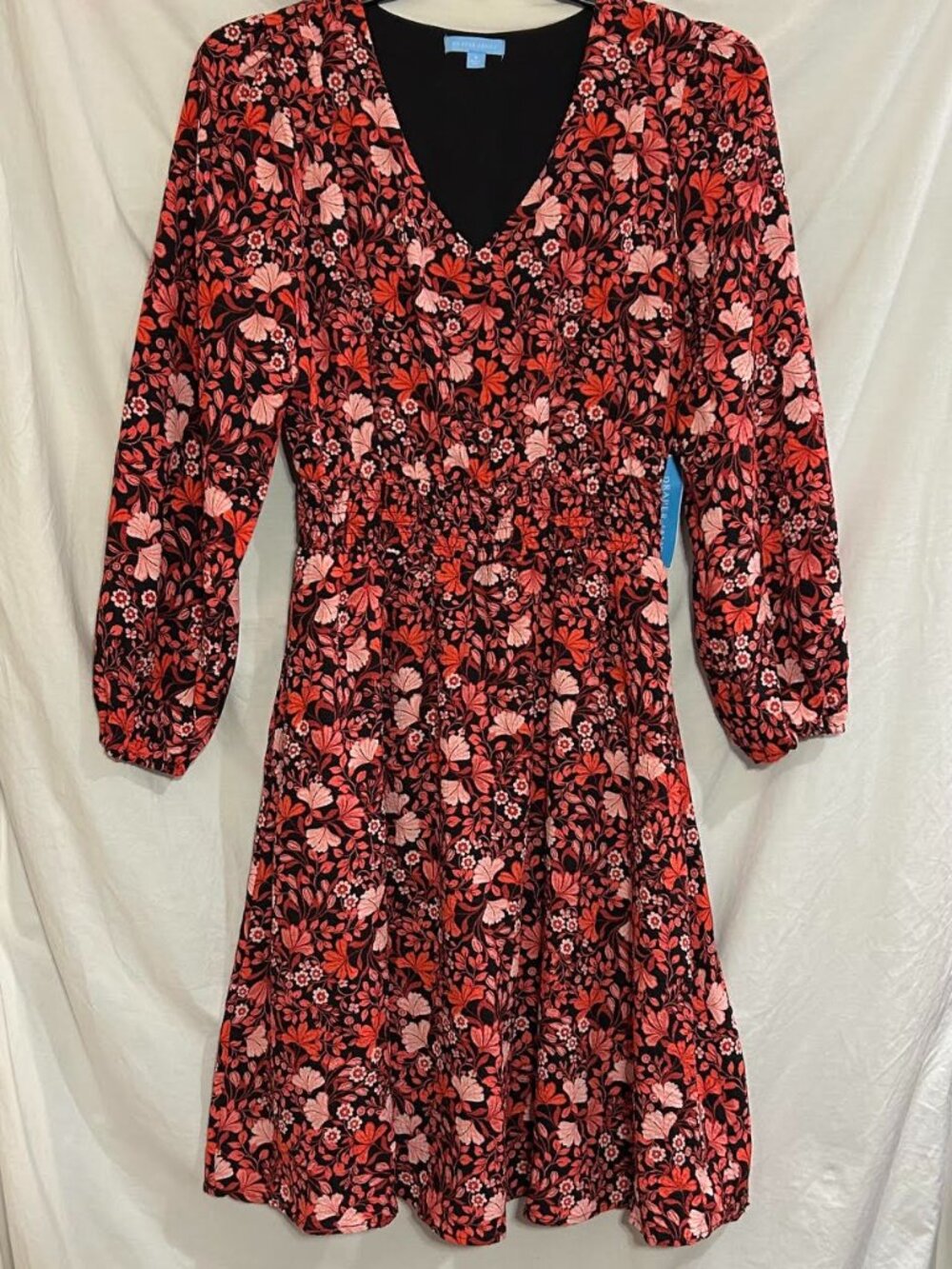 Draper James Womens Red Black Floral Long Sleeve Cinch Waist Pockets Dress